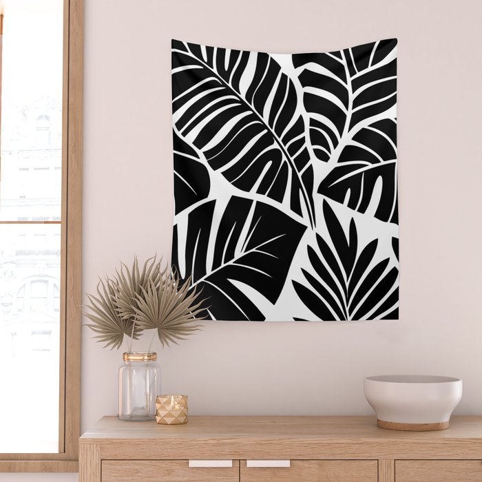 Leafy Calm Charm Black And White Simplicity Wall Tapestry Gallery Image 2