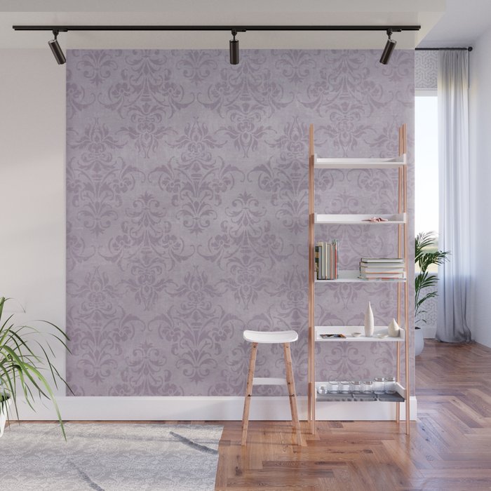 Vintage chic violet lilac floral damask pattern Wall Mural Gallery Image 1