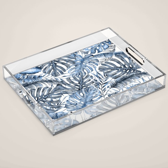 Vintage Blue Tropical Palm Leaves Acrylic Tray Gallery Image 1