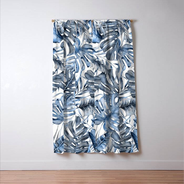 Vintage Blue Tropical Palm Leaves Window Curtain Gallery Image 3