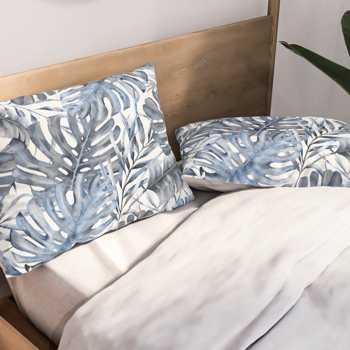 Vintage Blue Tropical Palm Leaves Pillow Sham Gallery Image 2