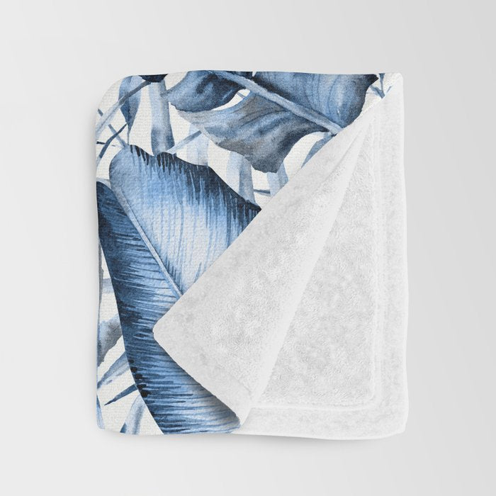 Vintage Blue Tropical Palm Leaves Throw Blanket Gallery Image 3