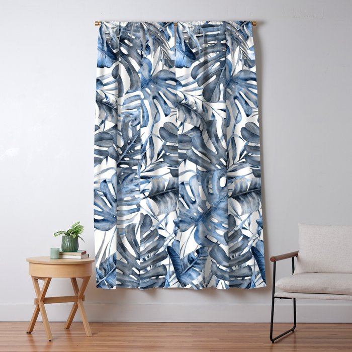 Vintage Blue Tropical Palm Leaves Window Curtain Gallery Image 5