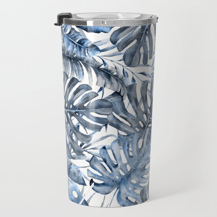 Vintage Blue Tropical Palm Leaves Travel Mug Gallery Image 3
