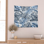Vintage Blue Tropical Palm Leaves Wall Tapestry Gallery Image 2