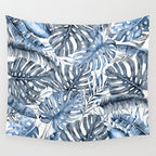 Vintage Blue Tropical Palm Leaves Wall Tapestry Gallery Image 4