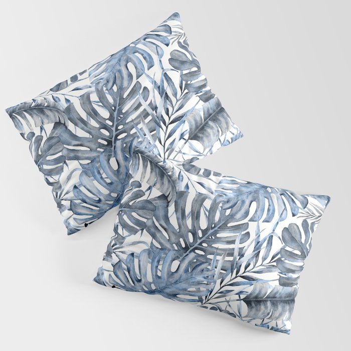 Vintage Blue Tropical Palm Leaves Pillow Sham Gallery Image 3