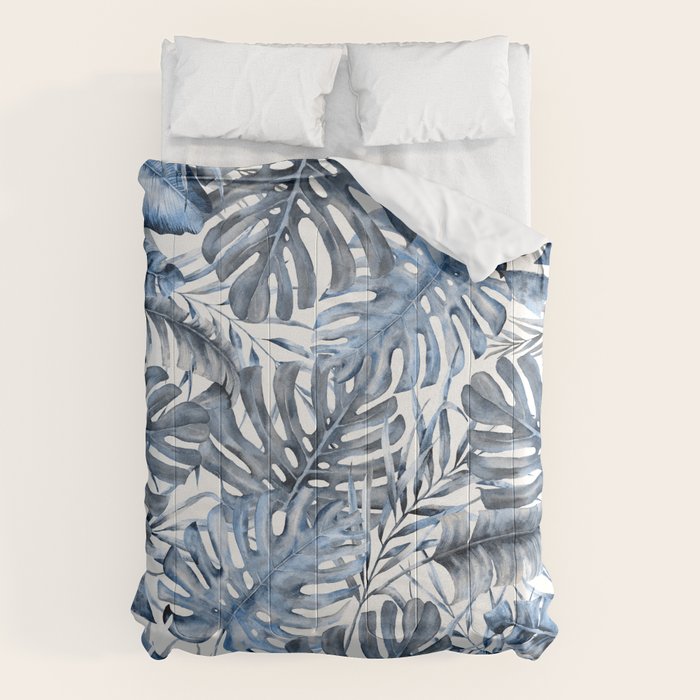 Vintage Blue Tropical Palm Leaves Comforter Gallery Image 1