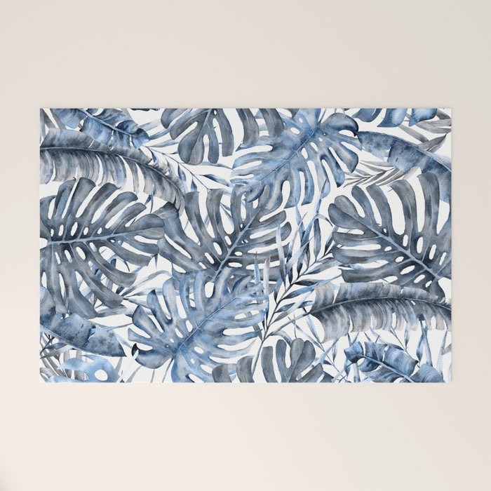 Vintage Blue Tropical Palm Leaves Welcome Mat
