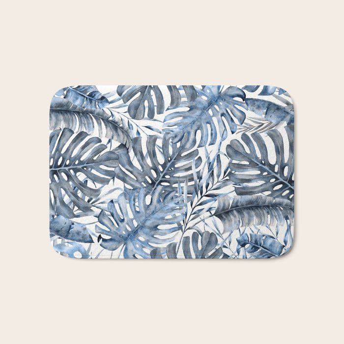 Vintage Blue Tropical Palm Leaves Bath Mat Gallery Image 1