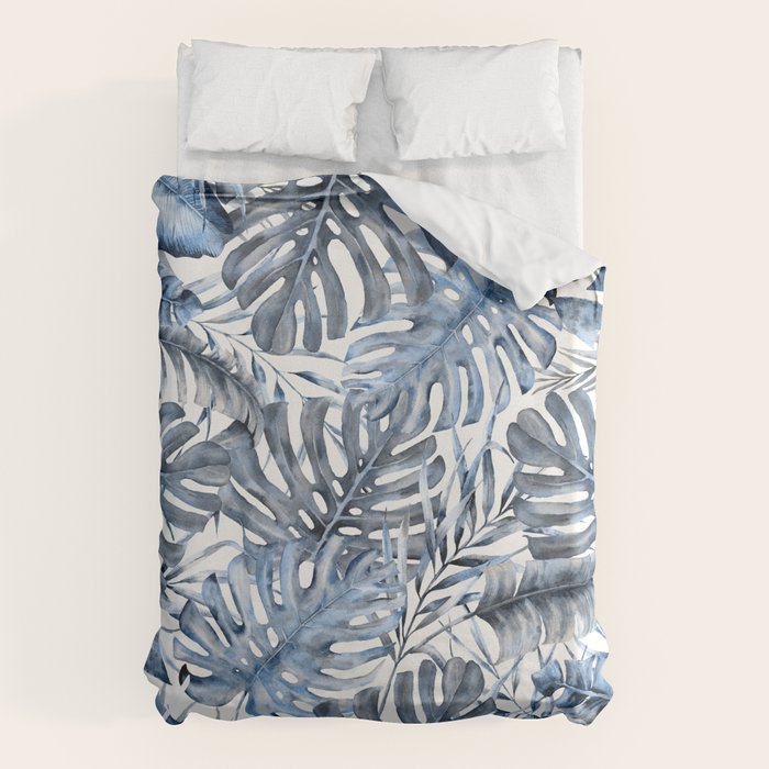 Vintage Blue Tropical Palm Leaves Duvet Cover Gallery Image 1