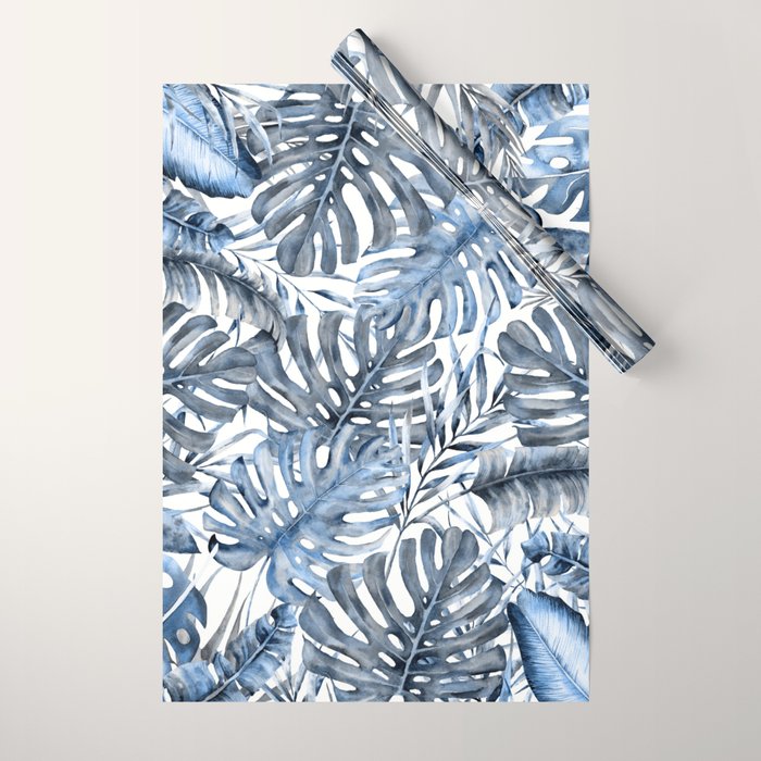 Vintage Blue Tropical Palm Leaves Wrapping Paper Gallery Image 1