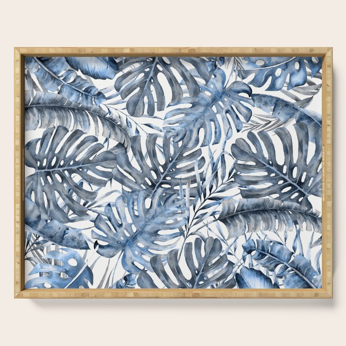Vintage Blue Tropical Palm Leaves Serving Tray Gallery Image 1