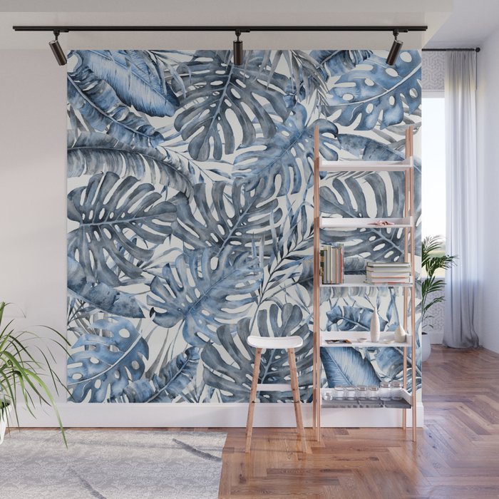 Vintage Blue Tropical Palm Leaves Wall Mural Gallery Image 1