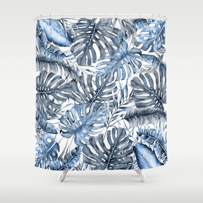 Vintage Blue Tropical Palm Leaves Shower Curtain Gallery Image 1