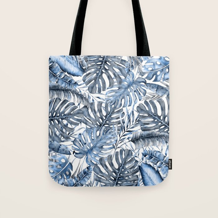 Vintage Blue Tropical Palm Leaves Tote Bag Gallery Image 1