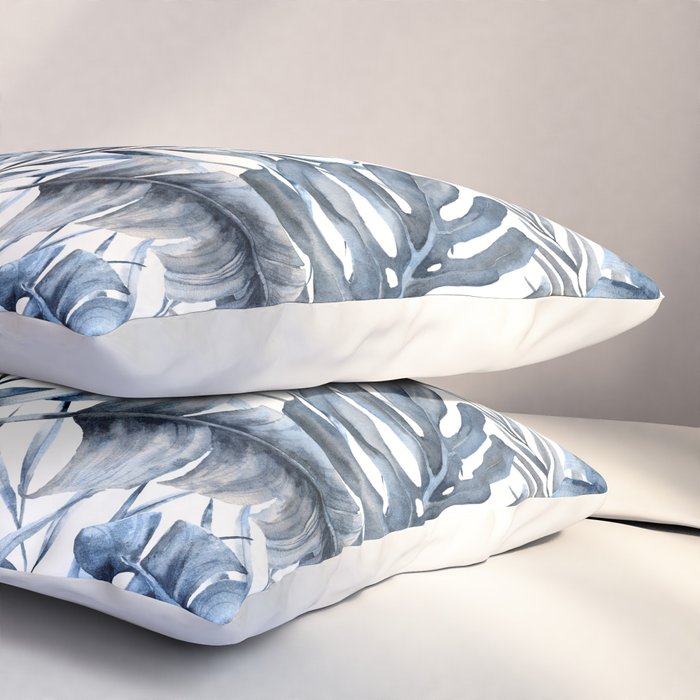 Vintage Blue Tropical Palm Leaves Pillow Sham Gallery Image 3