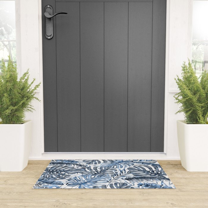 Vintage Blue Tropical Palm Leaves Welcome Mat Gallery Image 3