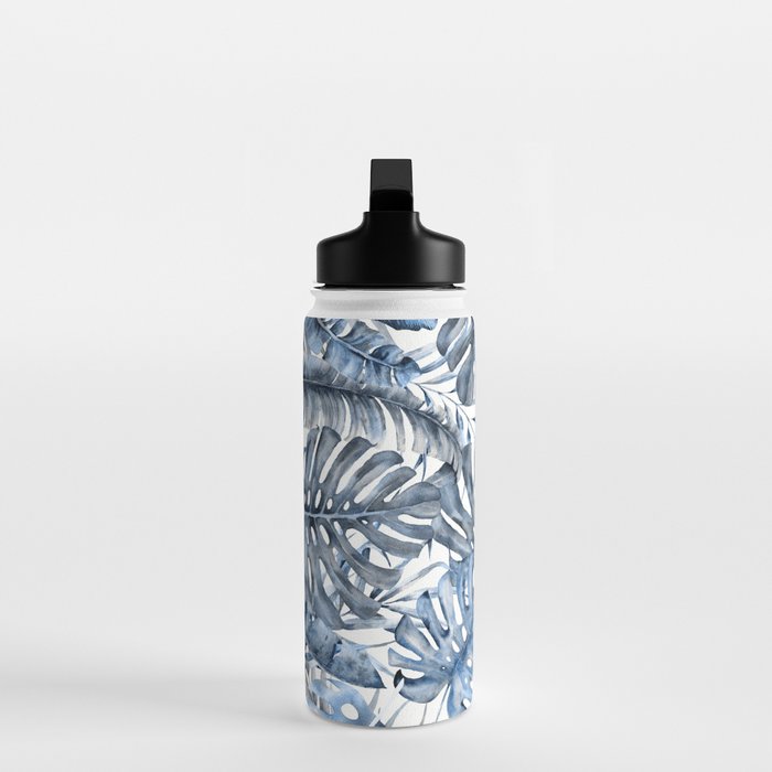 Vintage Blue Tropical Palm Leaves Water Bottle Gallery Image 3