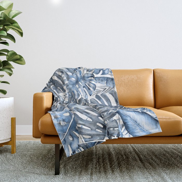 Vintage Blue Tropical Palm Leaves Throw Blanket Gallery Image 1