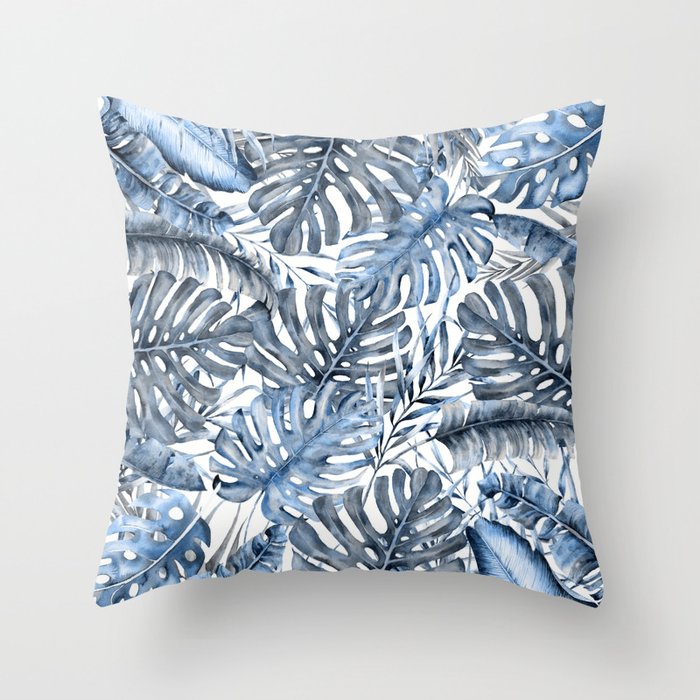 Vintage Blue Tropical Palm Leaves Throw Pillow Gallery Image 6