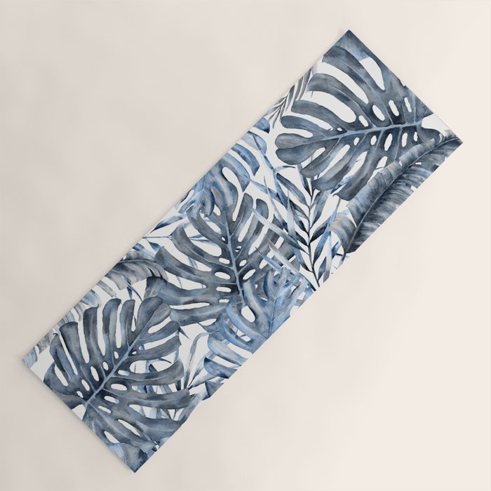 Vintage Blue Tropical Palm Leaves Yoga Mat Gallery Image 1