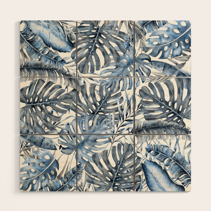Vintage Blue Tropical Palm Leaves Wood Wall Art Gallery Image 1