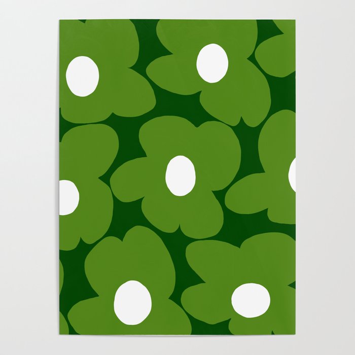 Spring Green Retro Flowers Dark Green Background #decor #society6 #buyart Poster Gallery Image 4