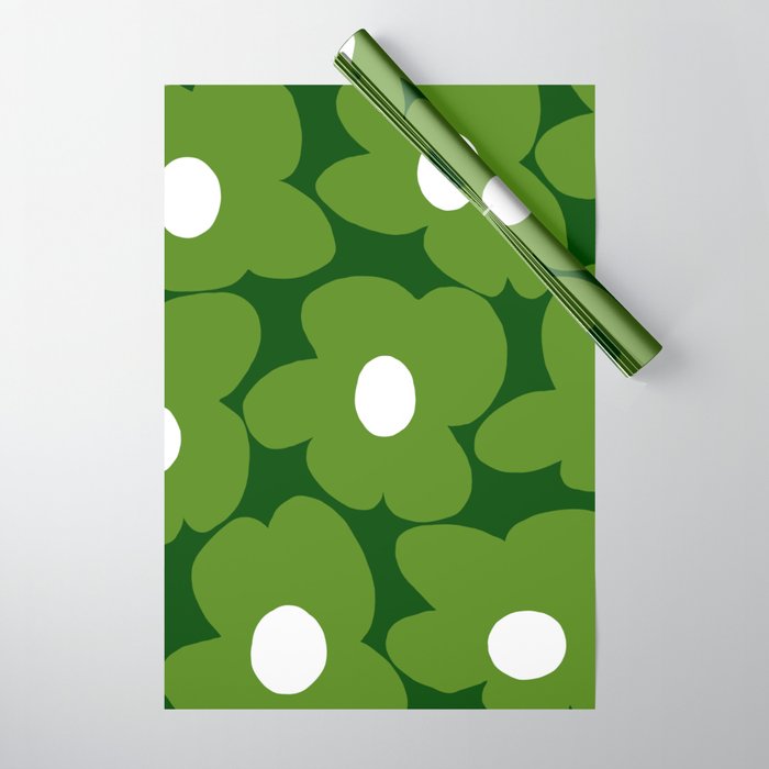 Spring Green Retro Flowers Dark Green Background #decor #society6 #buyart Wrapping Paper Gallery Image 1