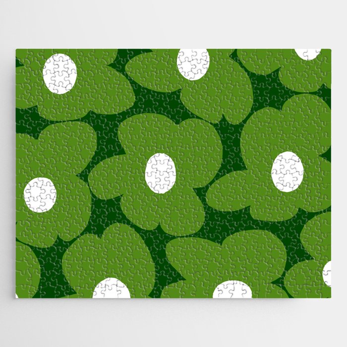 Spring Green Retro Flowers Dark Green Background #decor #society6 #buyart Jigsaw Puzzle Gallery Image 1