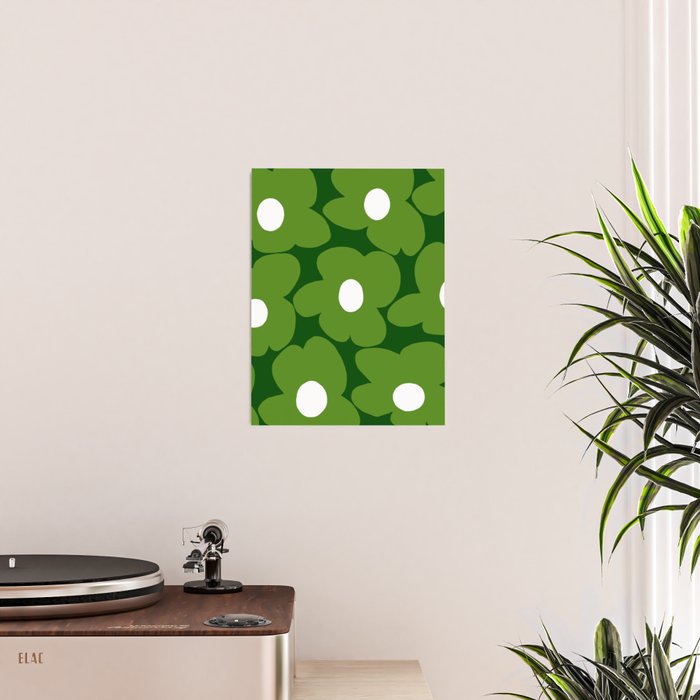 Spring Green Retro Flowers Dark Green Background #decor #society6 #buyart Poster Gallery Image 2