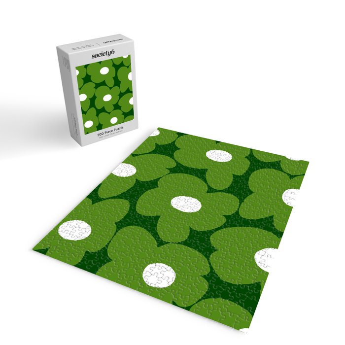 Spring Green Retro Flowers Dark Green Background #decor #society6 #buyart Jigsaw Puzzle Gallery Image 2