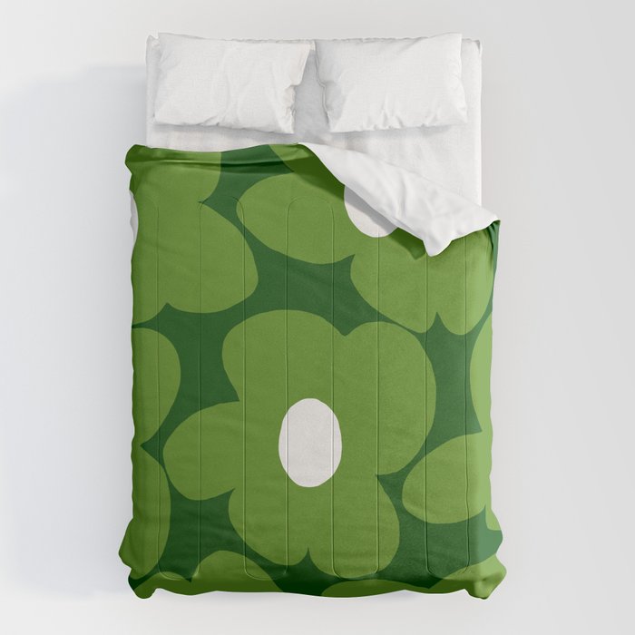 Spring Green Retro Flowers Dark Green Background #decor #society6 #buyart Comforter Gallery Image 6