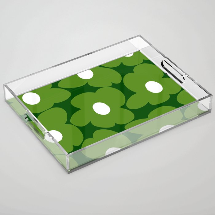 Spring Green Retro Flowers Dark Green Background #decor #society6 #buyart Acrylic Tray Gallery Image 1