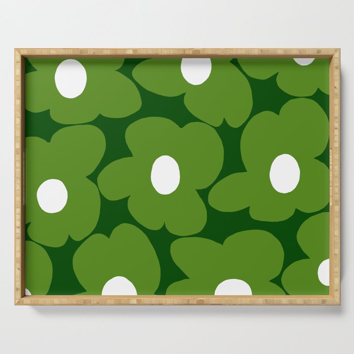 Spring Green Retro Flowers Dark Green Background #decor #society6 #buyart Serving Tray Gallery Image 1