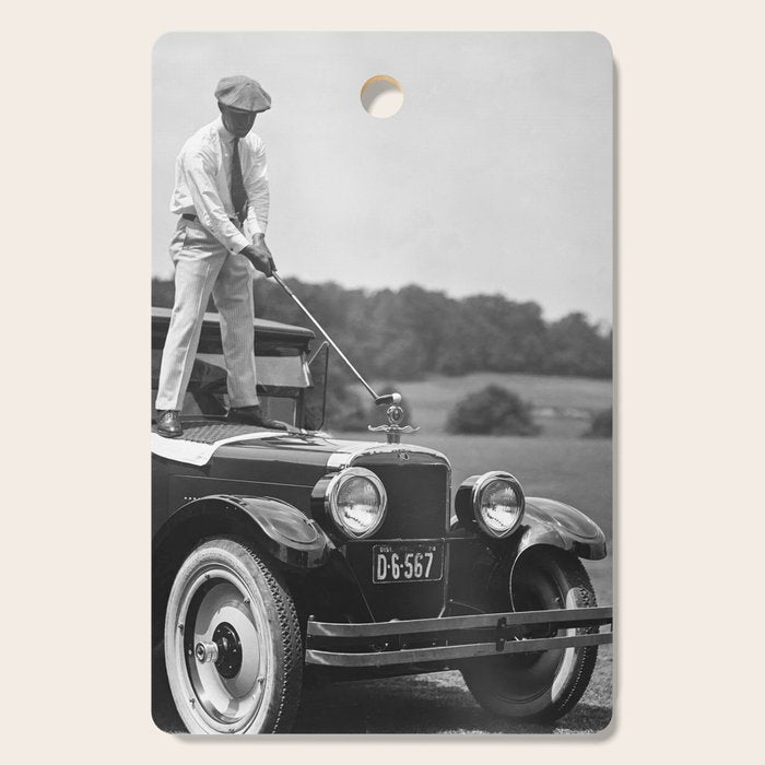 Golfer Teeing Off Car, Black and White Vintage Golf Art Cutting Board Gallery Image 1
