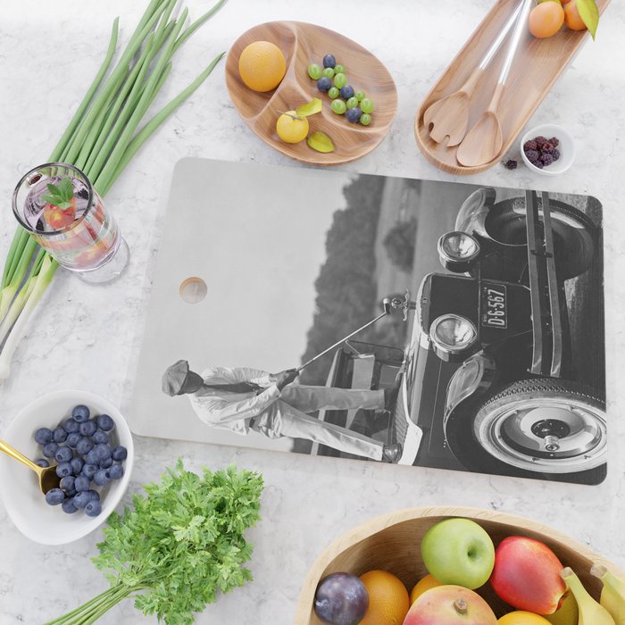 Golfer Teeing Off Car, Black and White Vintage Golf Art Cutting Board Gallery Image 2