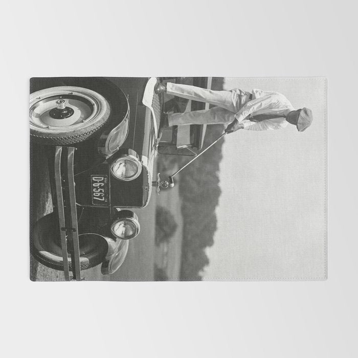 Golfer Teeing Off Car, Black and White Vintage Golf Art Rug Gallery Image 2