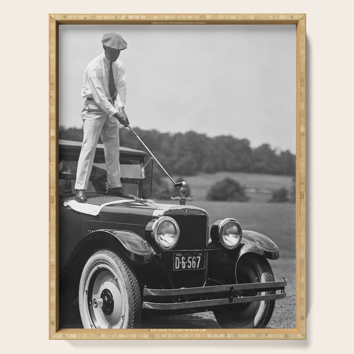 Golfer Teeing Off Car, Black and White Vintage Golf Art Serving Tray Gallery Image 1