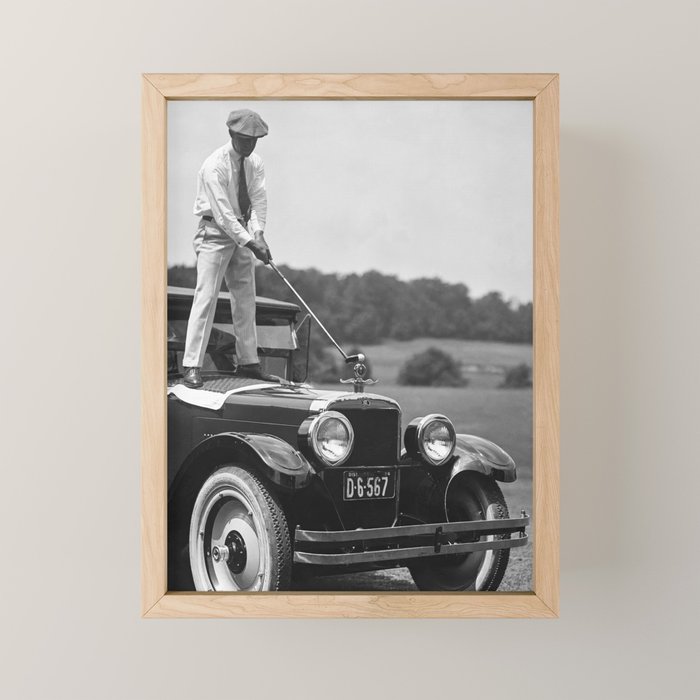 Golfer Teeing Off Car, Black and White Vintage Golf Art Mini Art Print Gallery Image 1