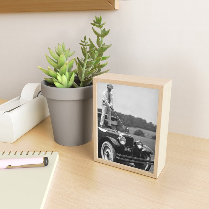 Golfer Teeing Off Car, Black and White Vintage Golf Art Mini Art Print Gallery Image 2