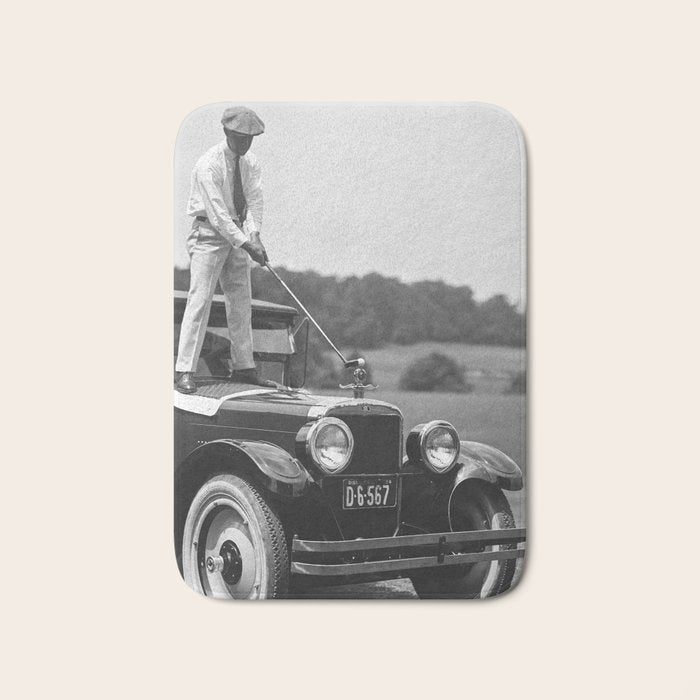 Golfer Teeing Off Car, Black and White Vintage Golf Art Bath Mat Gallery Image 1