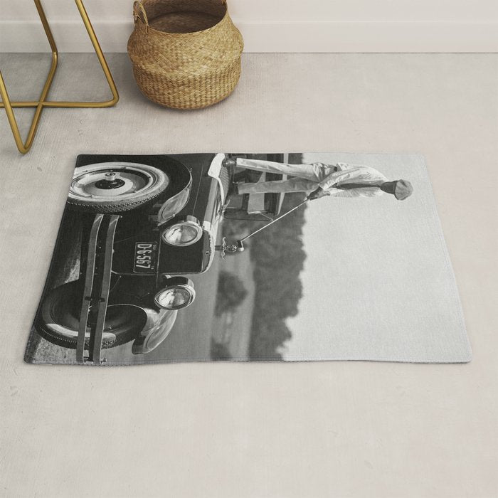 Golfer Teeing Off Car, Black and White Vintage Golf Art Rug Gallery Image 1