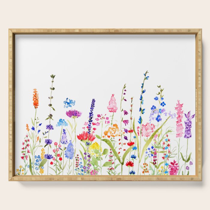colorful wildflower fields watercolor Serving Tray Gallery Image 1