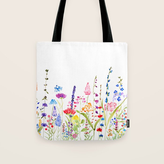colorful wildflower fields watercolor Tote Bag Gallery Image 1