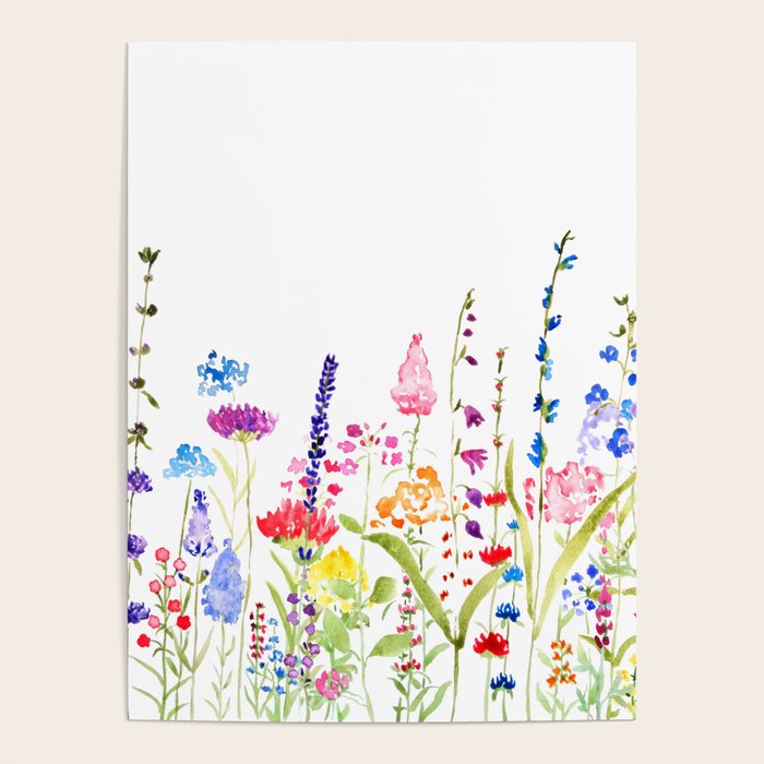 colorful wildflower fields watercolor Poster Gallery Image 1