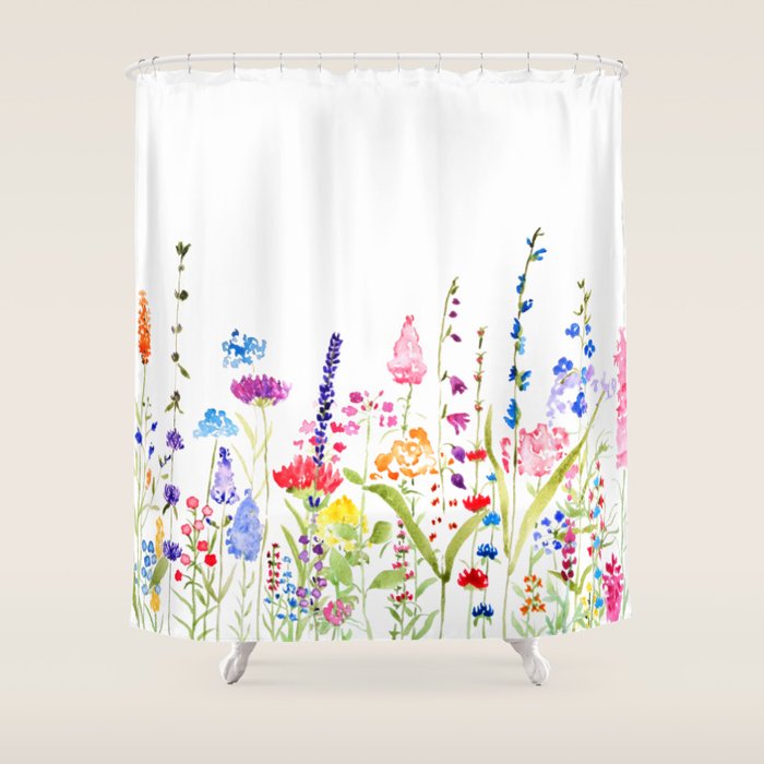 colorful wildflower fields watercolor Shower Curtain Gallery Image 1