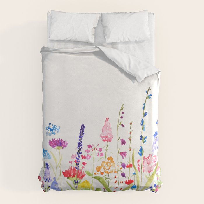colorful wildflower fields watercolor Duvet Cover Gallery Image 1