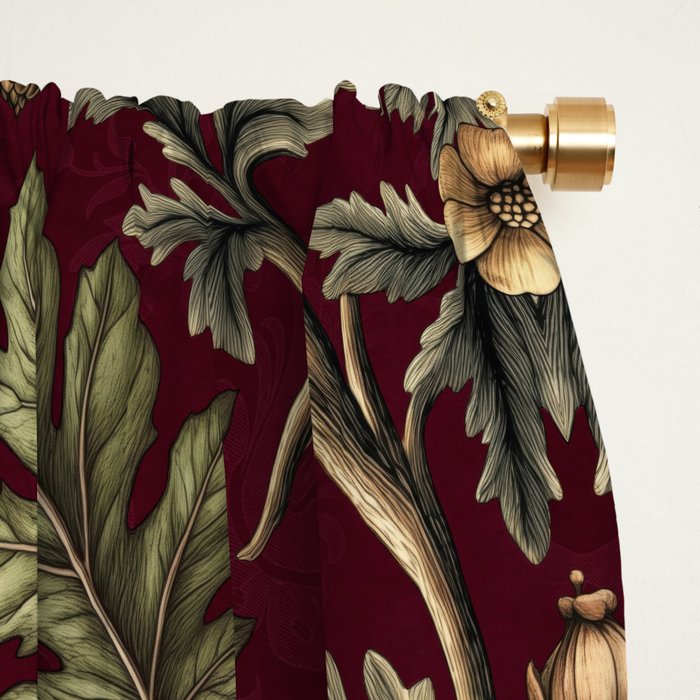 William Morris Style Forest Tales Cabincore Pattern Burgundy Red Window Curtain Gallery Image 2