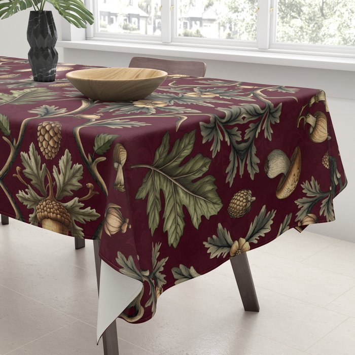 William Morris Style Forest Tales Cabincore Pattern Burgundy Red Tablecloth Gallery Image 3